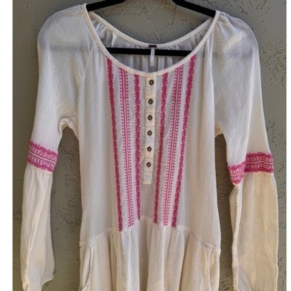 Free People Cream Pink Embroidered Gauze High Low Long Sleeve Midi Dress SMALL - Picture 3 of 10